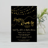 Modern Light String Script Housewarming Party Gold Folieneinladung (Stehend vorne)