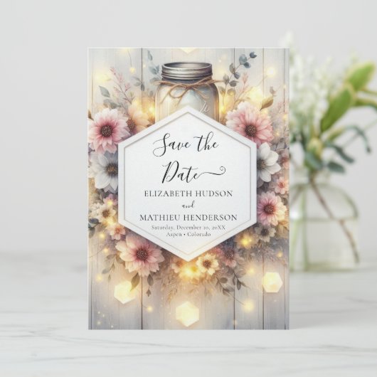 Modern Lights Mason Jar Wedding Save The Date (Stehend Vorderseite)