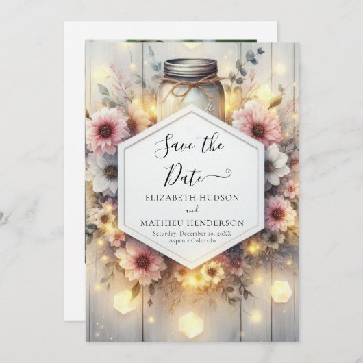 Modern Lights Mason Jar Wedding Save The Date (Vorne/Hinten)