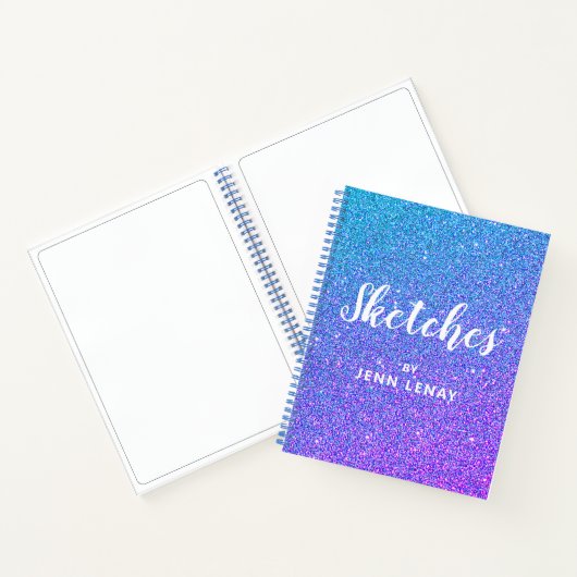 Modern Lila Blue Glitzer Name Script Sketchbook Notizblock (Innenseite)