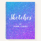Modern Lila Blue Glitzer Name Script Sketchbook Notizblock (Vorderseite)