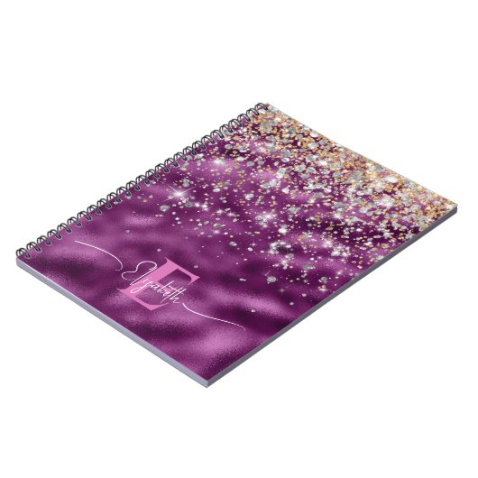 Modern Lila Foil Gold Imitate Glitzer Monogram Notizblock (Linke Seite)
