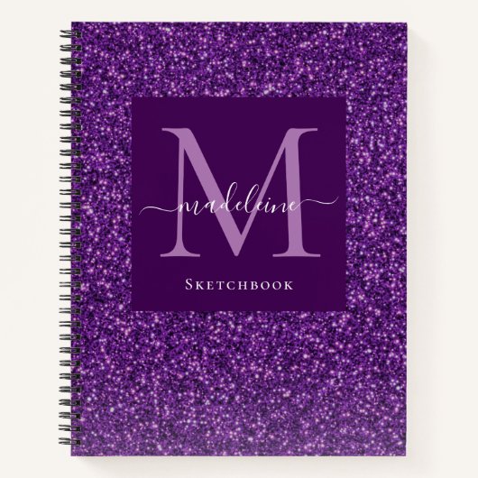 Modern Lila Glitzer Monogram Sketchbook Notebook Notizblock (Vorderseite)