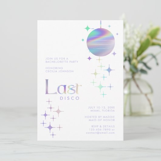 Modern Lila "Last Disco" Bachelorette Einladung (Stehend Vorderseite)
