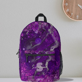 Modern Lila schwarzer Marmorpatronenname Bedruckter Rucksack