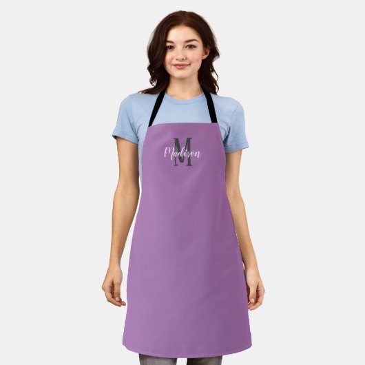 Modern Lila Skript Monogramm Name Frauen Backen Schürze (Getragen)