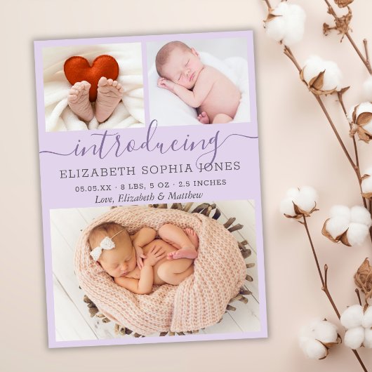 Modern Lilac Girl Geburtshinweis Foto Collage Ankündigung