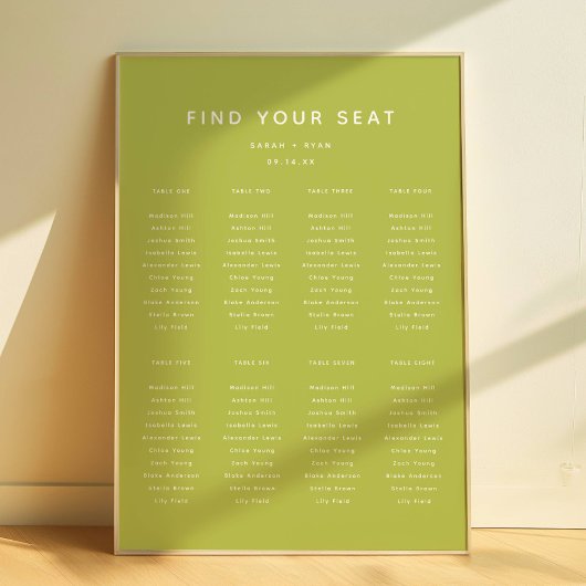 Modern Lime Green Wedding 8-Table Seating Chart Poster