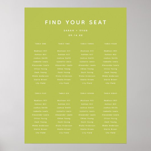 Modern Lime Green Wedding 8-Table Seating Chart Poster (Vorne)