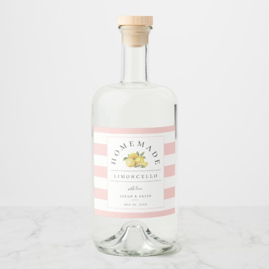 Modern Limoncello Pastellrosa Streifen Alkoholflaschenetikett (Vorderseite)