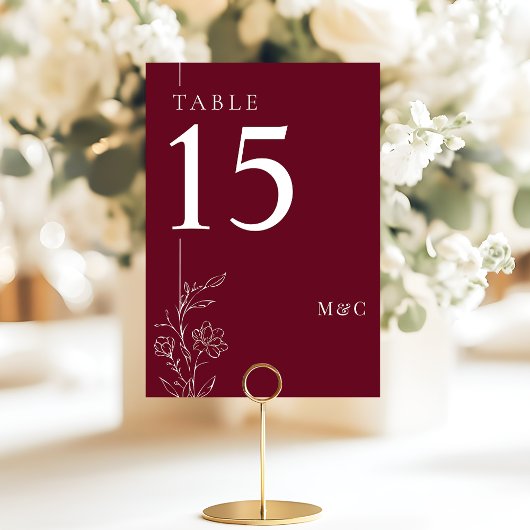 Modern Line Art Floral Burgundy Elegant Wedding Tischnummer