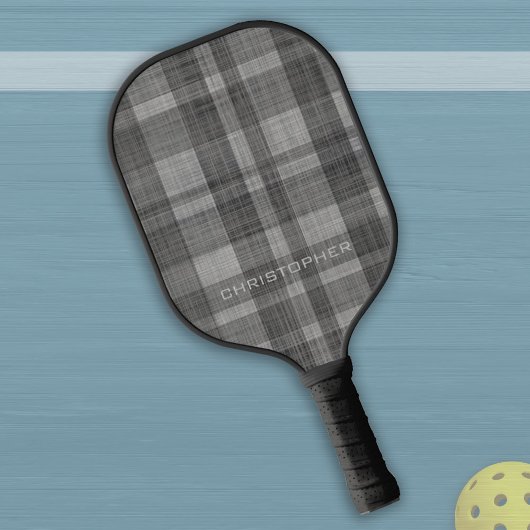 Modern Linen Plaid Pattern with Name - black grey Pickleball Schläger