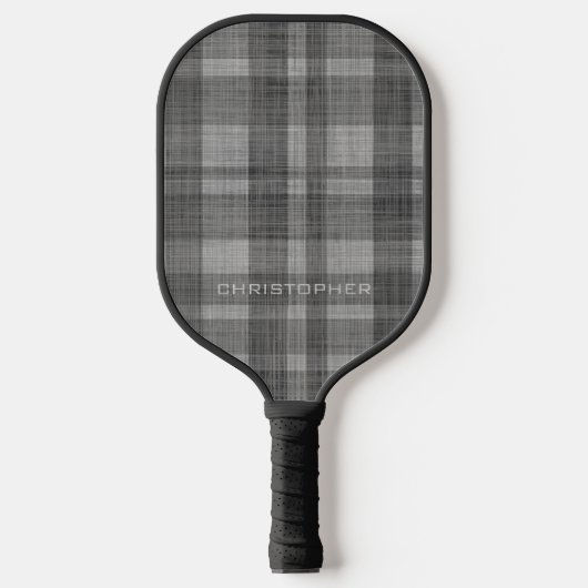 Modern Linen Plaid Pattern with Name - black grey Pickleball Schläger (Vorderseite)