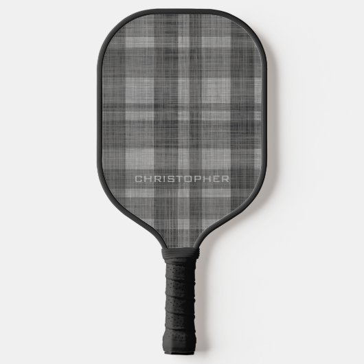 Modern Linen Plaid Pattern with Name - black grey Pickleball Schläger (Rückseite)