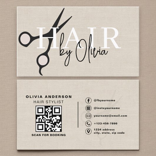 Modern Linen Scissors QR Code Hair Stylist  Visitenkarte