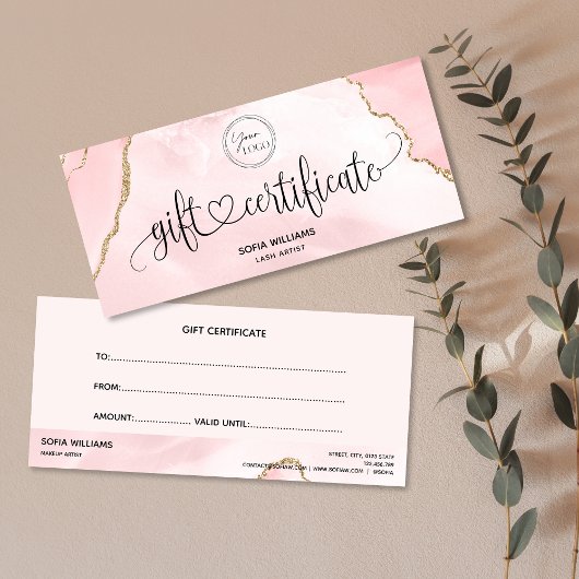 Modern Logo Blush Pink Agate Certificate Geschenkk