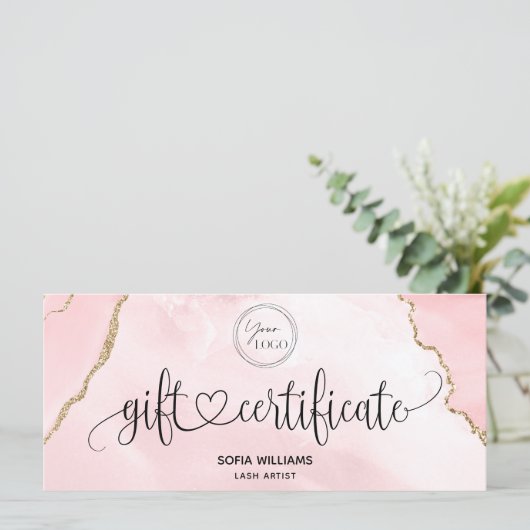 Modern Logo Blush Pink Agate Certificate Geschenkk (Stehend Vorderseite)