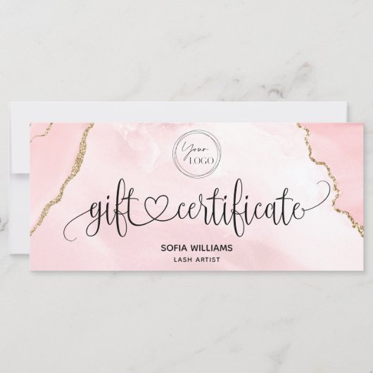 Modern Logo Blush Pink Agate Certificate Geschenkk (Vorderseite)