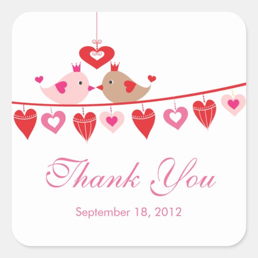Modern Love Bird Hearts Brautparty Vielen Dank Quadratischer Aufkleber (Vorderseite)