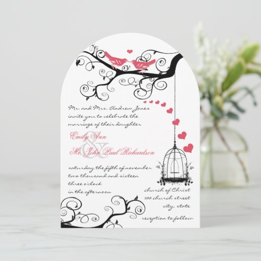 Modern Love Birds Rosa Wedding Einladung (Stehend Vorderseite)