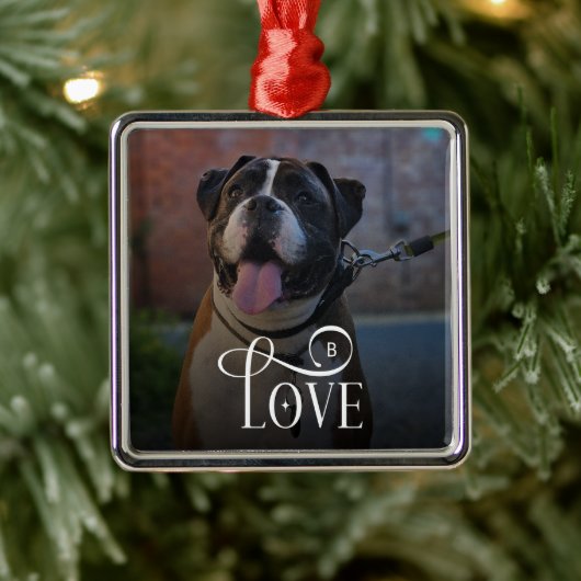 Modern Love Custom Dog Pets Photo Monogram Ornament Aus Metall (Baum)