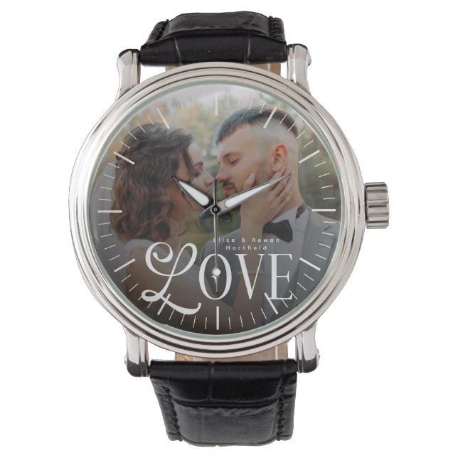 Modern Love Custom Wedding Photo Couples Monogram Armbanduhr (Vorderseite)