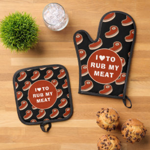 Modern Love To Rub Meat White Text Ofenhandschuh & Topflappen-Set