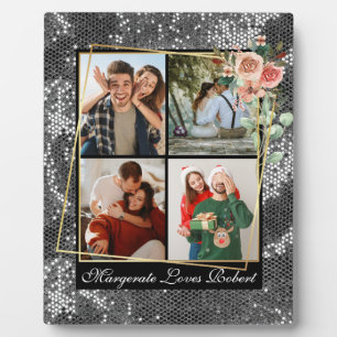 Modern LOVE YOU 4 Foto Silber Glitter Valentinstag Fotoplatte