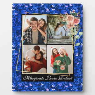 Modern LOVE YOU 4 Fotos blau Glitter Valentinstag Fotoplatte