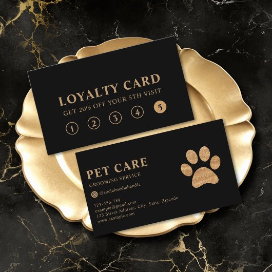 Modern Luxury Black Gold Pet Paw Loyalty Card Visitenkarte