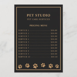 Modern Luxury Black Golden Paw Pet Care Pricing Menükarte