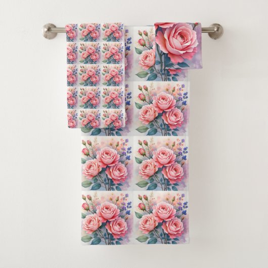 Modern Luxury Pink Roses Beautiful Collection Badhandtuch Set (Insitu)