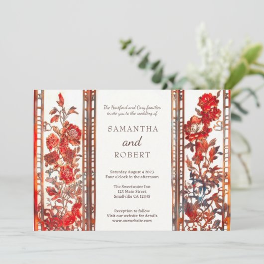 Modern Luxury Ruby Asian Wedding Einladung (Stehend Vorderseite)