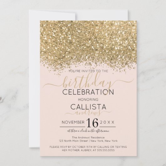 Modern Luxus Gold Pink Glitzer Confetti Geburtstag Einladung (Vorderseite)