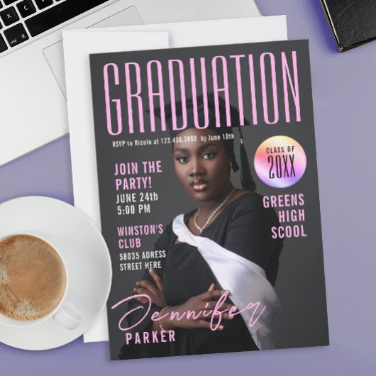 Modern Magazine Pink Graduation School Bachelor Einladung