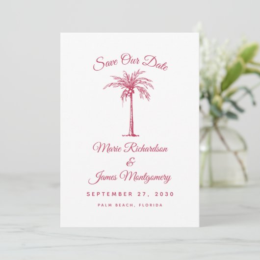 Modern Magenta Beach Wedding Save the Date (Stehend Vorderseite)