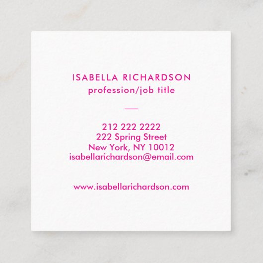 Modern Magenta Minimalistisch Quadratische Visitenkarte (Rückseite)