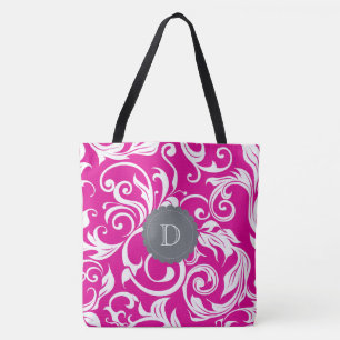 Modern Magenta Pink Grey Floral Wallpaper Monogram Tasche