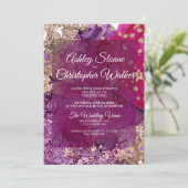 Modern Magenta Plum Gold QR code Wedding Einladung (Stehend Vorderseite)