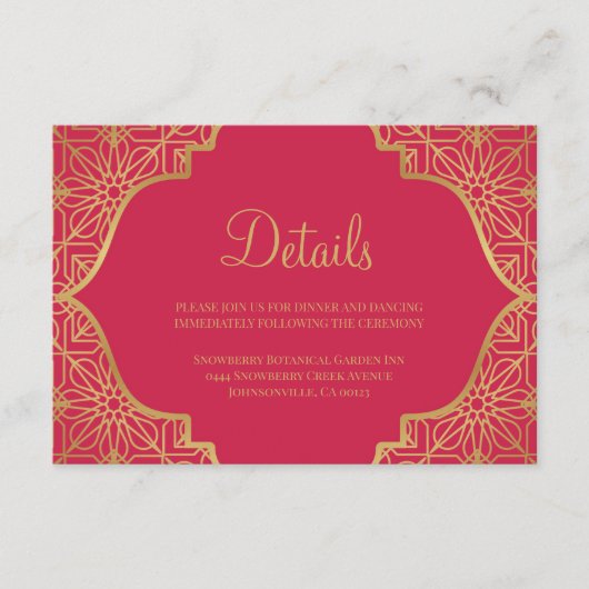 Modern Magenta Red Gold Wedding Begleitkarte (Vorderseite)