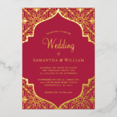 Modern Magenta Red Gold Wedding Foil Einladung (Vorderseite)