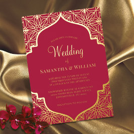 Modern Magenta Red Gold Wedding Foil Einladung