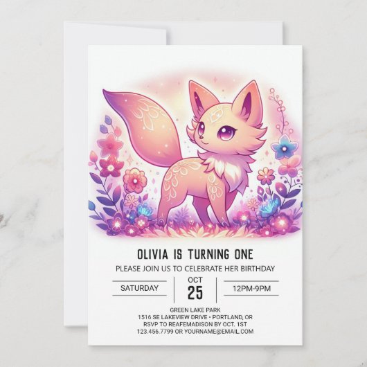 Modern Magical Fox 1. Geburtstag Einladung (Vorderseite)