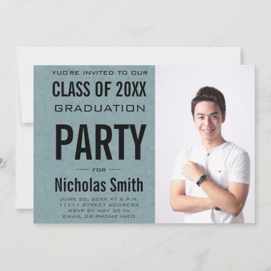 Modern Male Grad Blue Graduation Party Einladung (Vorderseite)