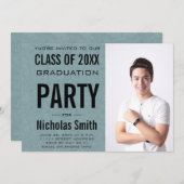 Modern Male Grad Blue Graduation Party Einladung (Vorne/Hinten)