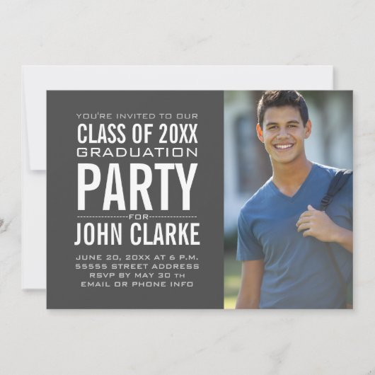 Modern Male Grad | Gray Graduation Party Einladung (Vorderseite)