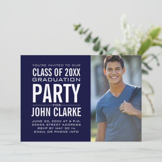 Modern Male Grad | Navy Blue Graduation Party Einladung (Stehend Vorderseite)