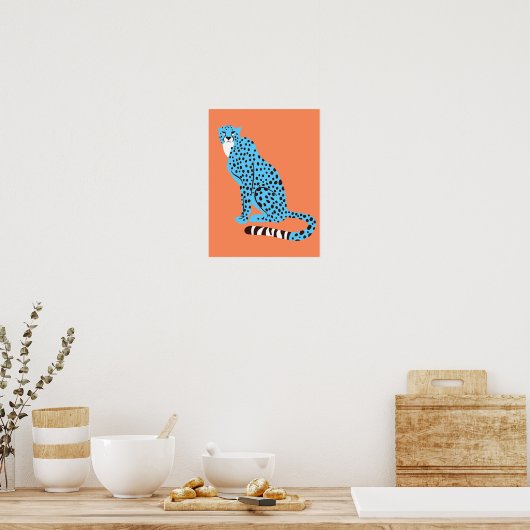 Modern Malibu Blue Cheetah auf Lachs Orange Poster (Küche)