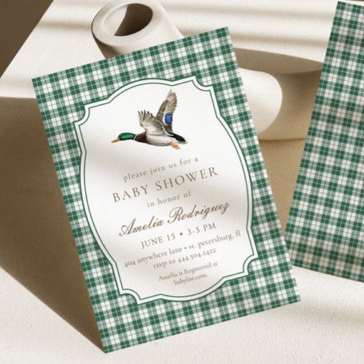 Modern Mallard Duck Neutral Gingham Baby Shower Einladung