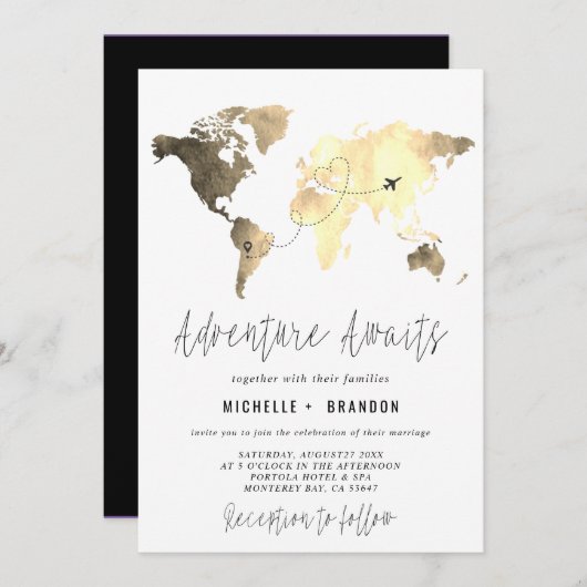 Modern Map of the World Blue Wedding Trip Dankeskarte (Vorne/Hinten)